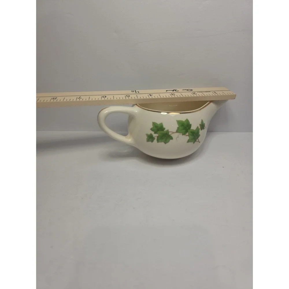 Vintage Paden City West Virginia Pottery Green‎ Ivy Gravy Boat with Gold Trim